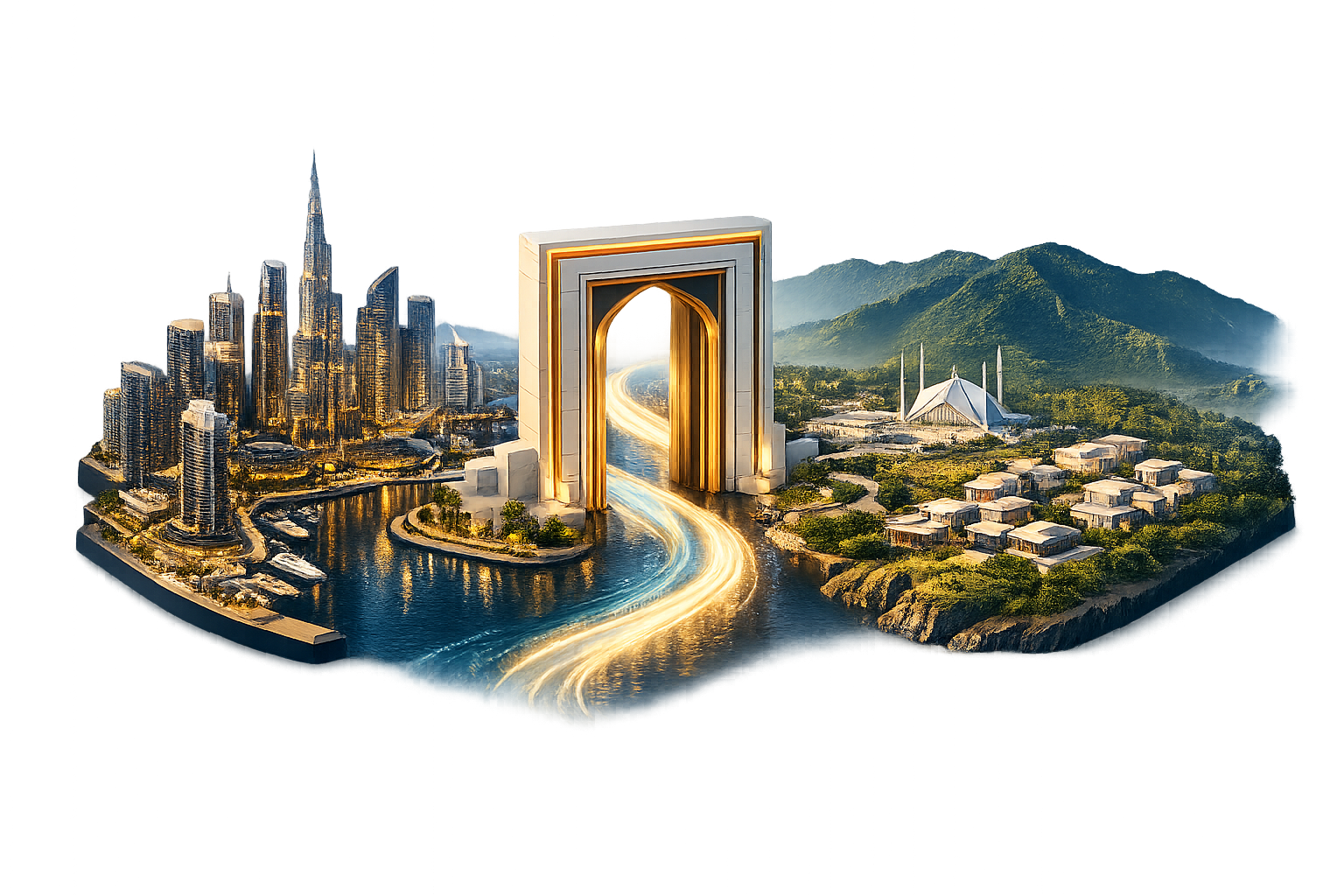 A 3D architectural scene connecting Dubai and Islamabad through one open doorway
